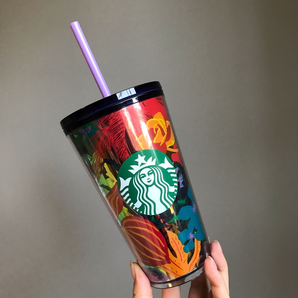 Starbucks Holographic Orange Flowers & Leaves Purple Cup Tumbler Grande 2022